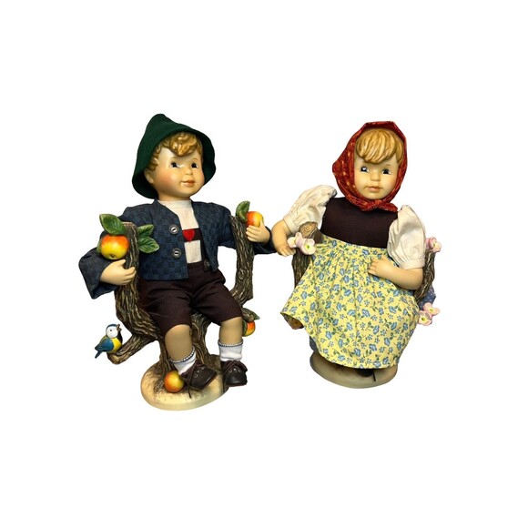 M J Hummel Boy Girl Porcelain Dolls Sitting Apple Tree Large Collectible Set - Picture 1 of 6